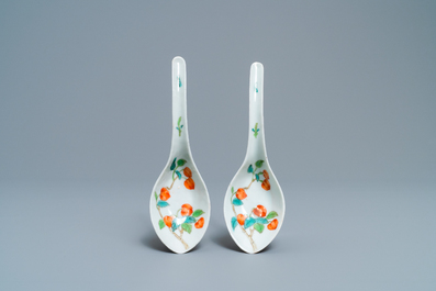 A pair of Chinese polychrome 'peach tree' spoons, Jiaqing mark and of the period