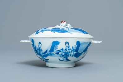 A Chinese blue, white and copper red bowl and cover, Chenghua mark, Kangxi