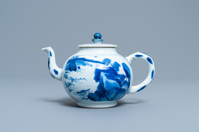 A Chinese blue and white 'landscape' teapot and cover, Kangxi