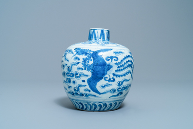 A Chinese blue and white 'phoenix' jar, Jiajing/Wanli