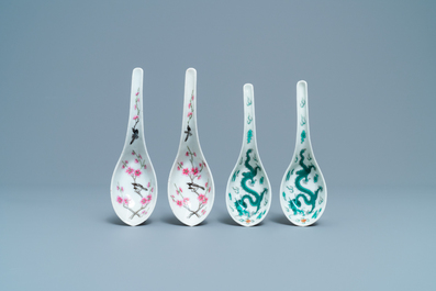 Two pairs of Chinese 'prunus and magpie' and 'dragon' spoons, one Daoguang mark and of the period