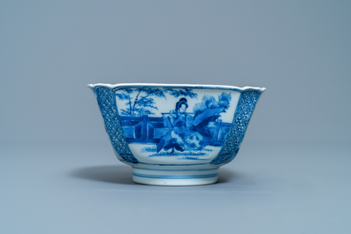 A Chinese blue and white bowl with a lady with cat, Kangxi mark and of the period