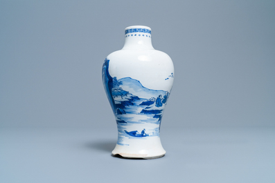 A Chinese blue and white meiping vase with figures in a landscape, Kangxi