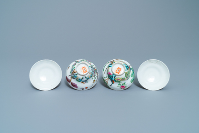 Four Chinese Canton famille rose plates and two covered bowls, 19th C.