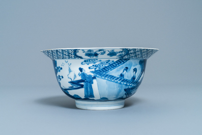A Chinese blue and white 'Romance of the Western Chamber' klapmuts bowl, Chenghua mark, Kangxi