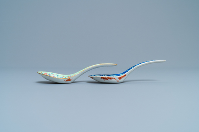 Two Chinese famille rose blue- and lime green-ground spoons, Tongzhi mark and of the period
