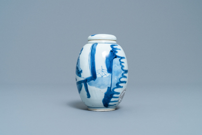 A Chinese blue and white covered tea caddy, Kangxi