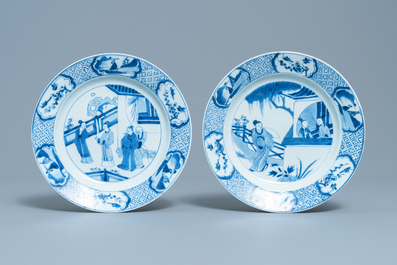 Two Chinese blue and white 'Romance of the Western Chamber' plates, Kangxi