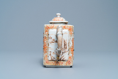 A Chinese famille rose rectangular 'Mandarin' teapot and cover, Qianlong