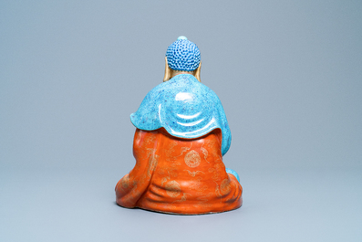 Drie polychrome en vergulde figuren van Bodhisattva, Qianlong/Jiaqing