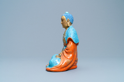 Drie polychrome en vergulde figuren van Bodhisattva, Qianlong/Jiaqing