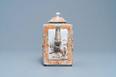 A Chinese famille rose rectangular 'Mandarin' teapot and cover, Qianlong