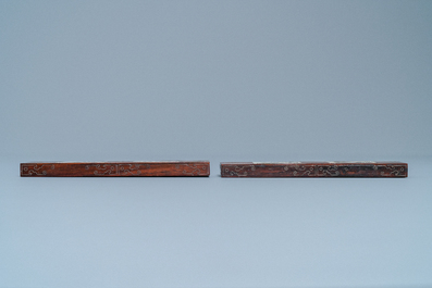A pair of Chinese inlaid wooden wrist rests, 19/20th C.