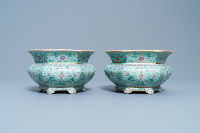 A pair of Chinese famille rose jardini&egrave;res on stands, Qianlong mark, Jiaqing