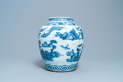 A Chinese blue and white vase with boats in a mountainous landscape, Ming