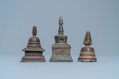 Three bronze stupas, Tibet, 16/18th C.