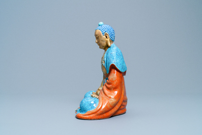 Three Chinese enamelled and gilt figures of Bodhisattva, Qianlong/Jiaqing