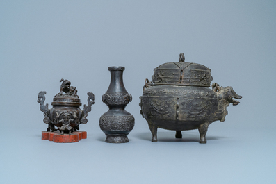 Two Chinese bronze censers, a vase and a mirror, Ming and later