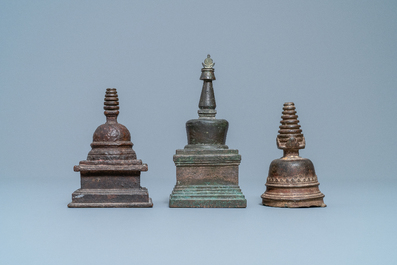 Three bronze stupas, Tibet, 16/18th C.