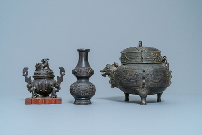 Two Chinese bronze censers, a vase and a mirror, Ming and later