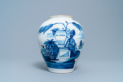 A Dutch Delft blue and white tobacco jar with an American indian, 18th C.