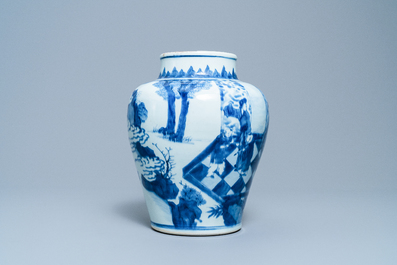 Een Chinese blauw-witte vaas met figuren in een interieur, Kangxi