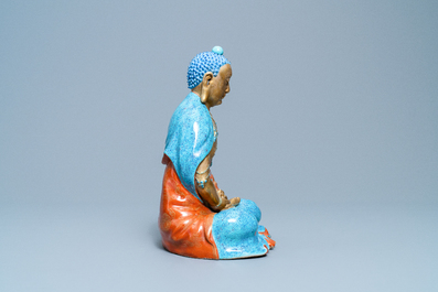 Drie polychrome en vergulde figuren van Bodhisattva, Qianlong/Jiaqing