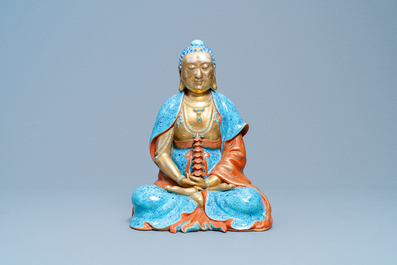 Drie polychrome en vergulde figuren van Bodhisattva, Qianlong/Jiaqing