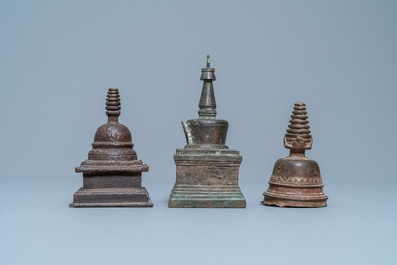 Three bronze stupas, Tibet, 16/18th C.