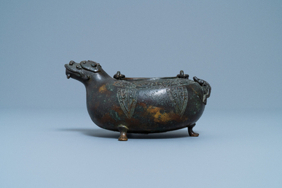 A Chinese bronze dragon-shaped ewer, Qing