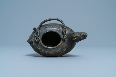 A Chinese bronze dragon-shaped ewer, Qing