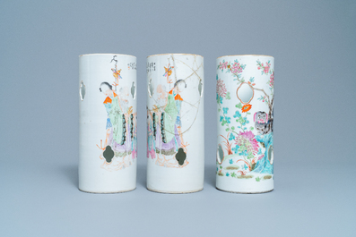 Three Chinese famille rose and qianjang cai hat stands, 19/20th C.