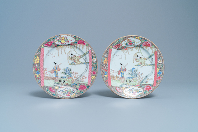 Two pairs of Chinese famille rose 'Romance of the Western Chamber' plates, Qianlong