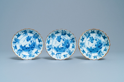 Six Chinese blue and white lobed plates with ducks and butterflies, Kangxi