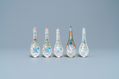 Five Chinese famille rose 'Buddhist lion' spoons, 19th C.