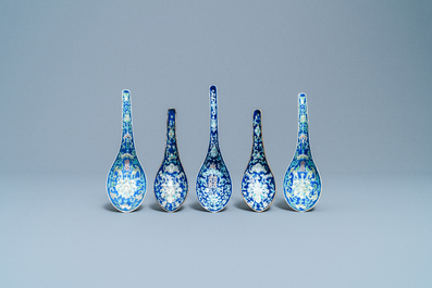 Five Chinese blue-ground spoons, incl. a pair Tongzhi mark and of the period