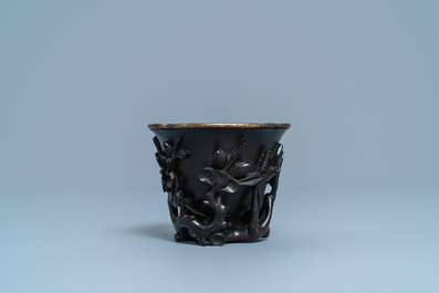 A Chinese zitan wood and silver libation cup, 17th C.