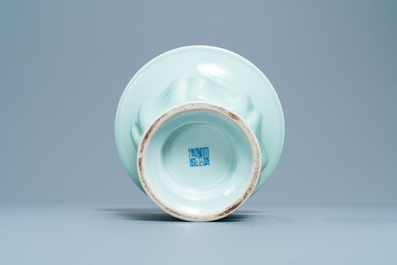 A Chinese monochrome celadon-glazed zhadou or spittoon, Yongzheng mark, Republic