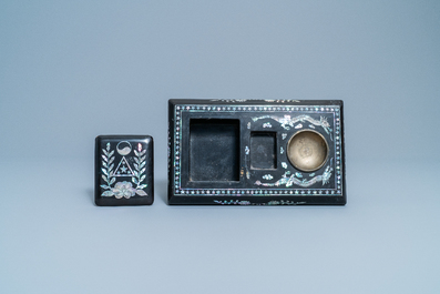 A Korean desk set in black lacquer with mother of pearl inlay, Korean-American diplomatic gift, 1950's