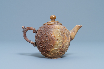 A Chinese carved soapstone teapot and cover, Kangxi
