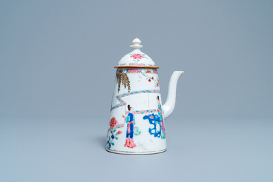 A Chinese famille rose 'Romance of the Western chamber' chocolate jug and cover, Yongzheng