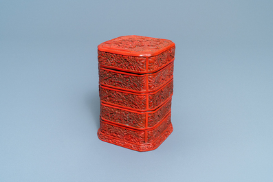 A Chinese red cinnabar lacquer four-tiered box, Wanli