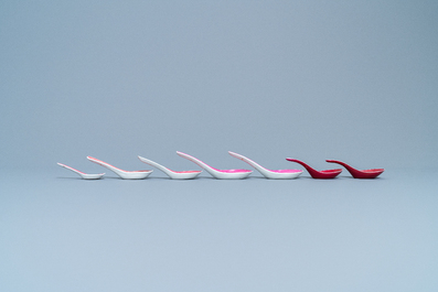Seven Chinese monochrome pink- and ruby-ground spoons, 19/20th C.