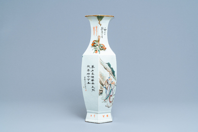 Un vase de forme hexagonale en porcelaine de Chine qianjiang cai, 19/20&egrave;me