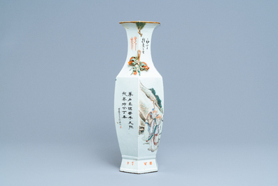 A Chinese hexagonal qianjiang cai vase with scholars in a landscape, 19/20th C.