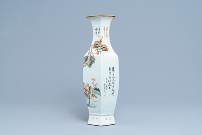 A Chinese hexagonal qianjiang cai vase with scholars in a landscape, 19/20th C.