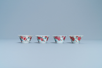 Four Chinese famille rose cups and saucers, Yongzheng