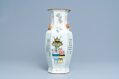 A Chinese hexagonal qianjiang cai vase with scholars in a landscape, 19/20th C.