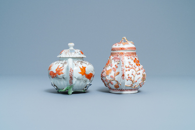 Two Chinese iron red and gilt relief-decorated teapots and one stand, Kangxi/Yongzheng