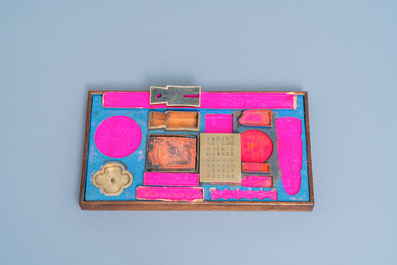 A Chinese wooden box with scholar's objects for a calligrapher or painter, 19th C.